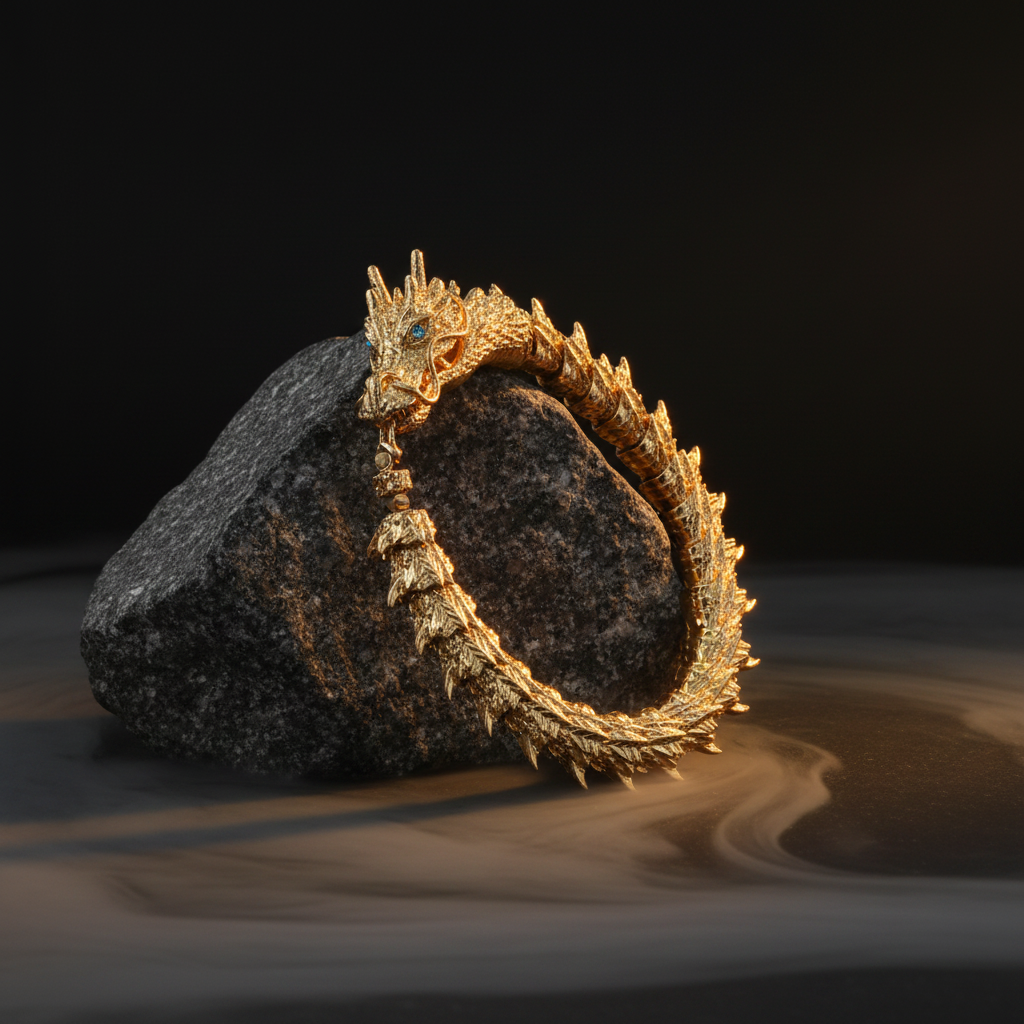 Gold dragon cuff bracelet product display - atmospheric luxury jewelry photography