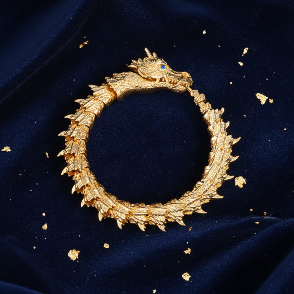 Gold dragon bracelet on navy velvet - luxury men&