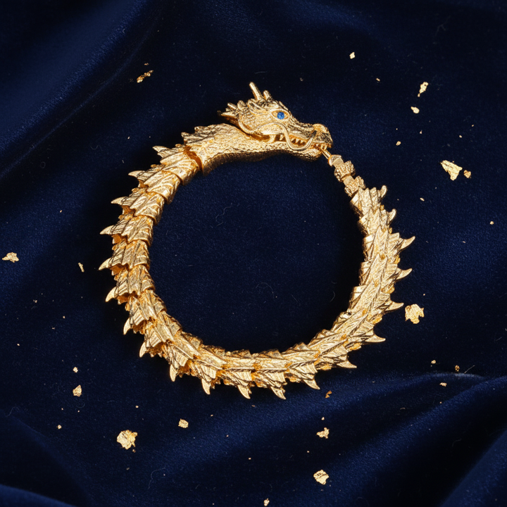 Gold dragon bracelet on navy velvet - luxury men&