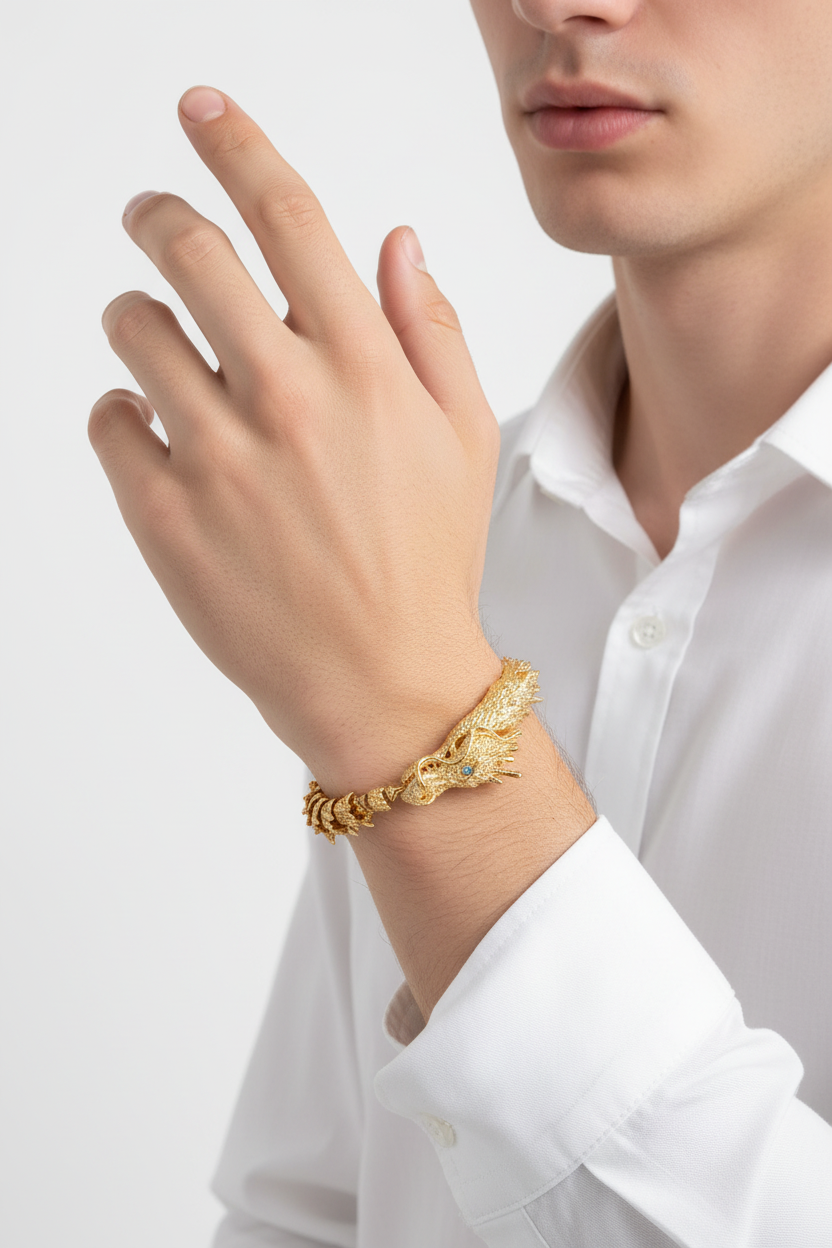 Men's gold dragon bracelet raised wrist lifestyle shot - electroplated dragon cuff