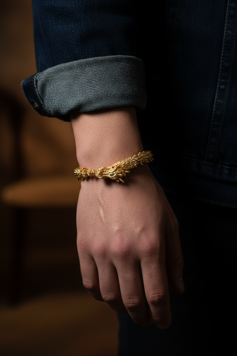 Gold ouroboros dragon bracelet worn on wrist - men&