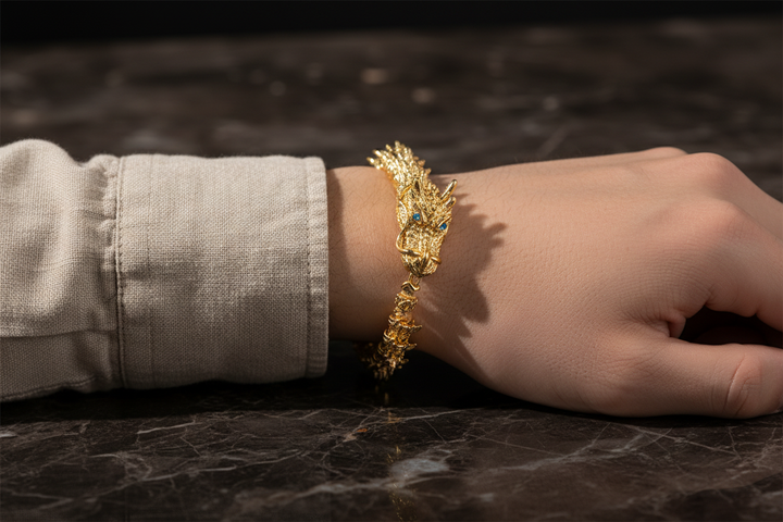 Gold dragon bracelet for men on marble surface - ouroboros dragon cuff 20cm 22cm
