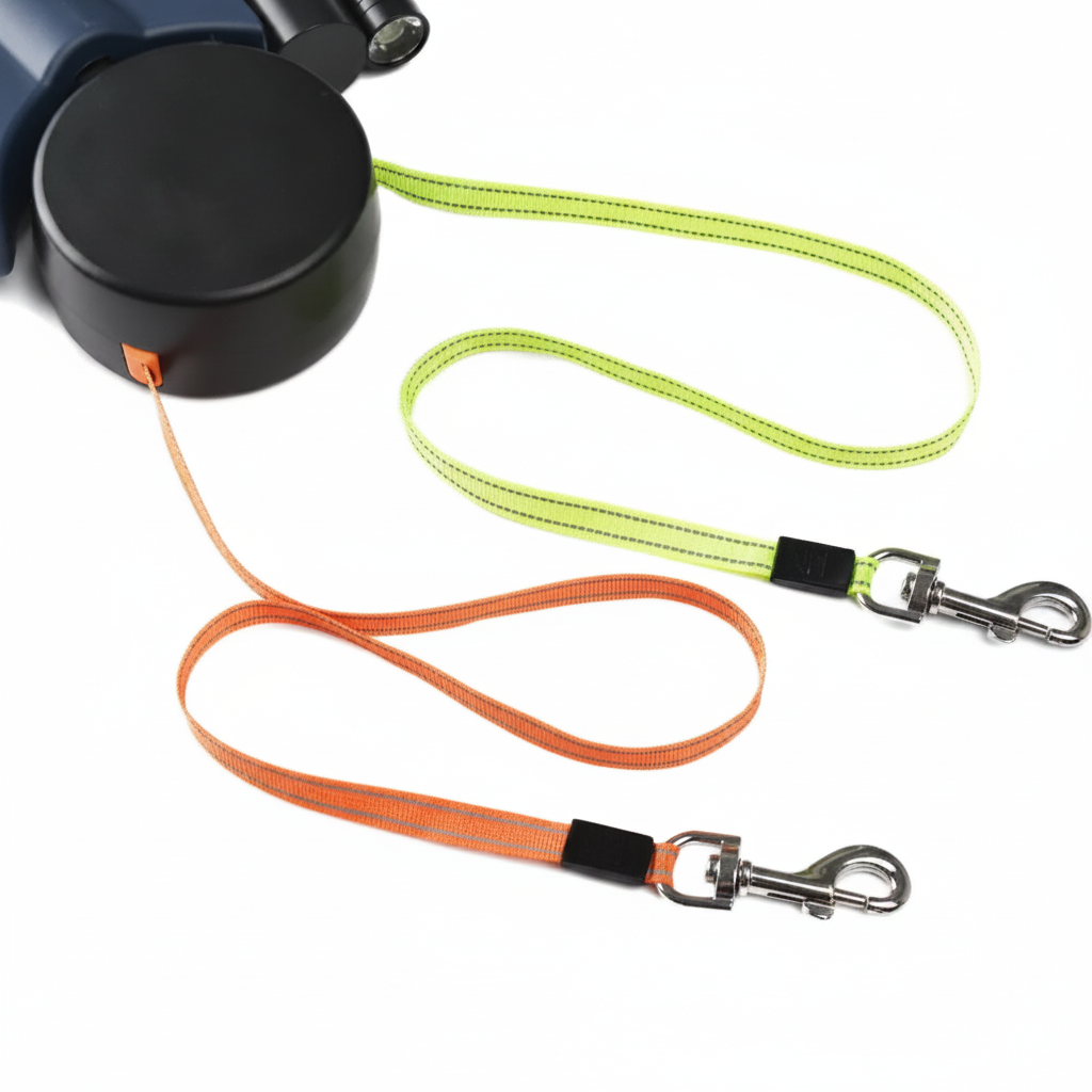 Dual retractable leash lines close-up flat lay