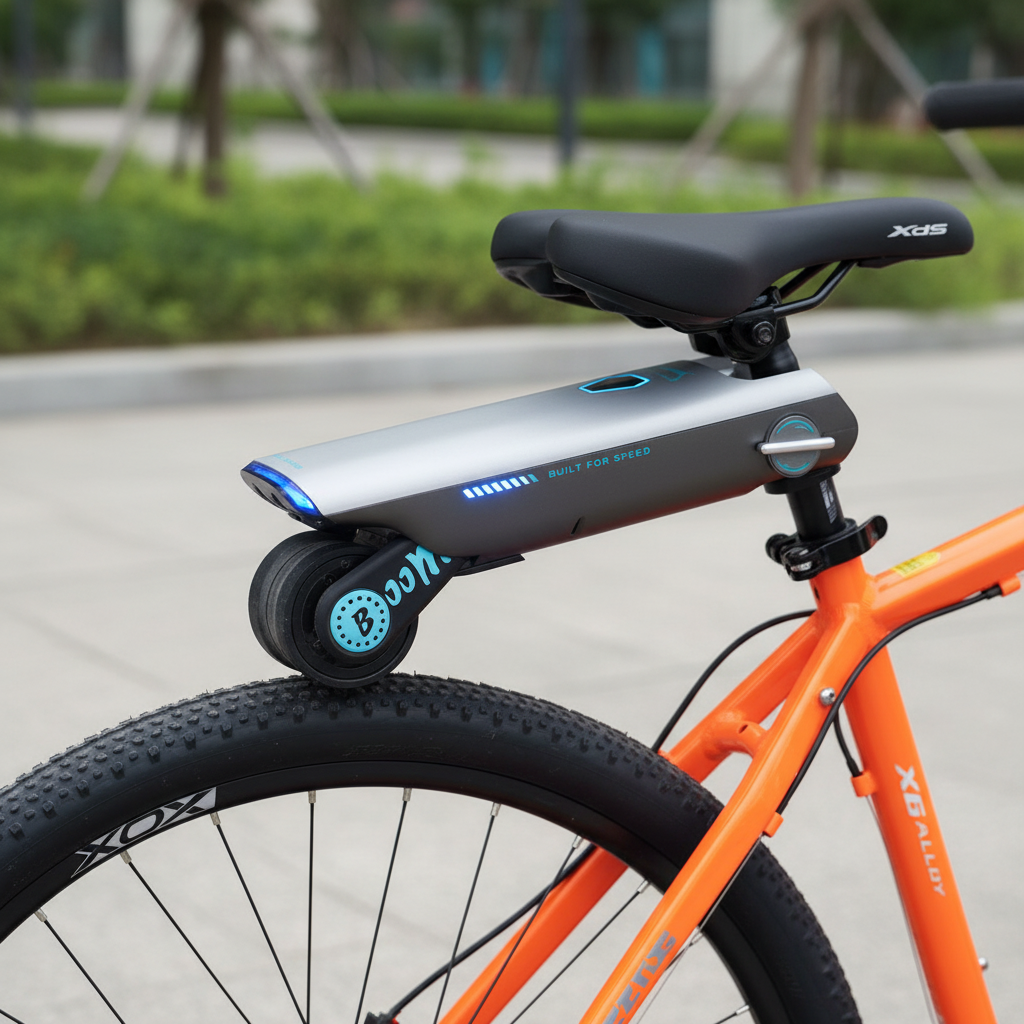 Electric bike booster kit installation close-up on orange MTB
