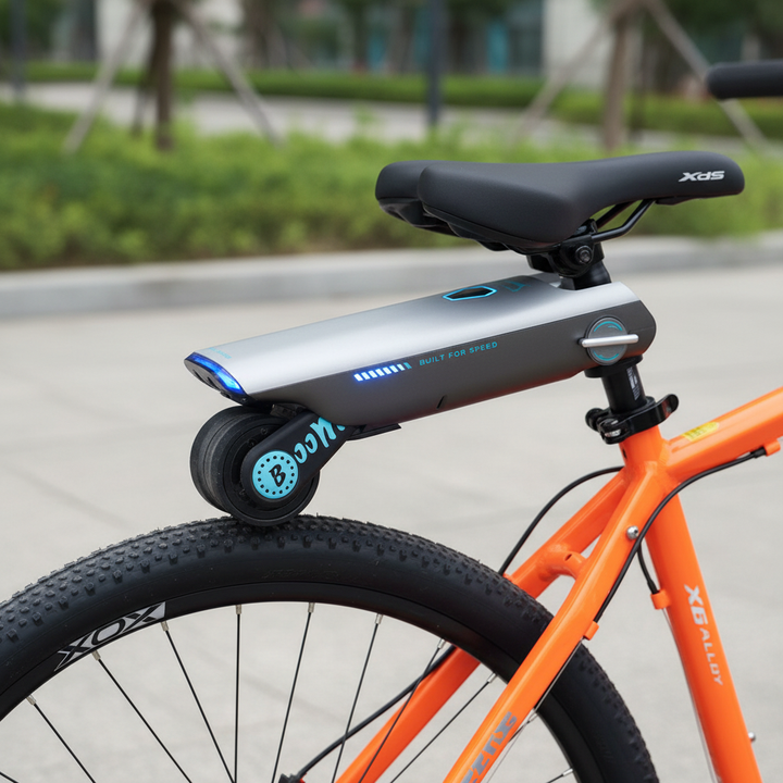 Electric bike booster kit installation close-up on orange MTB