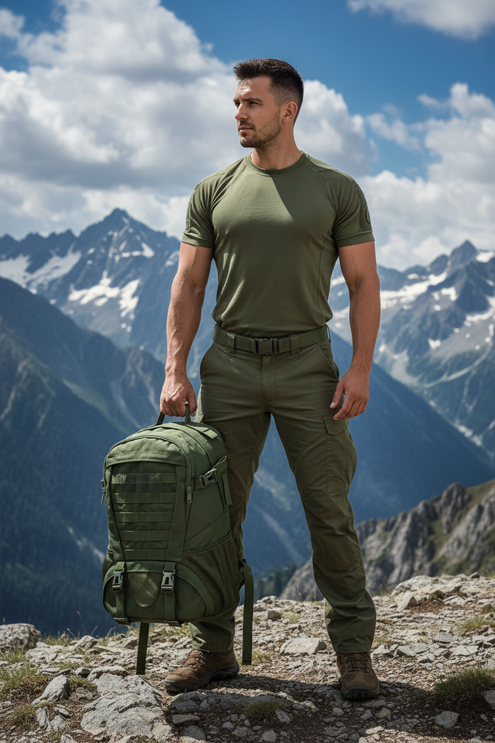 European man holding green backpack mountain