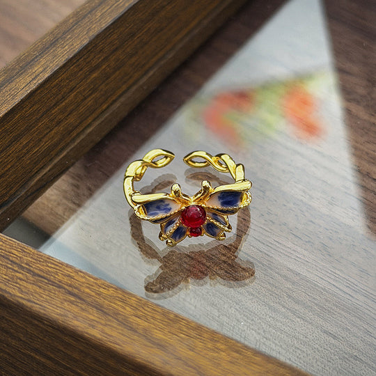 Retro Enamel Ring for Women – Lotus Cloud & Butterfly