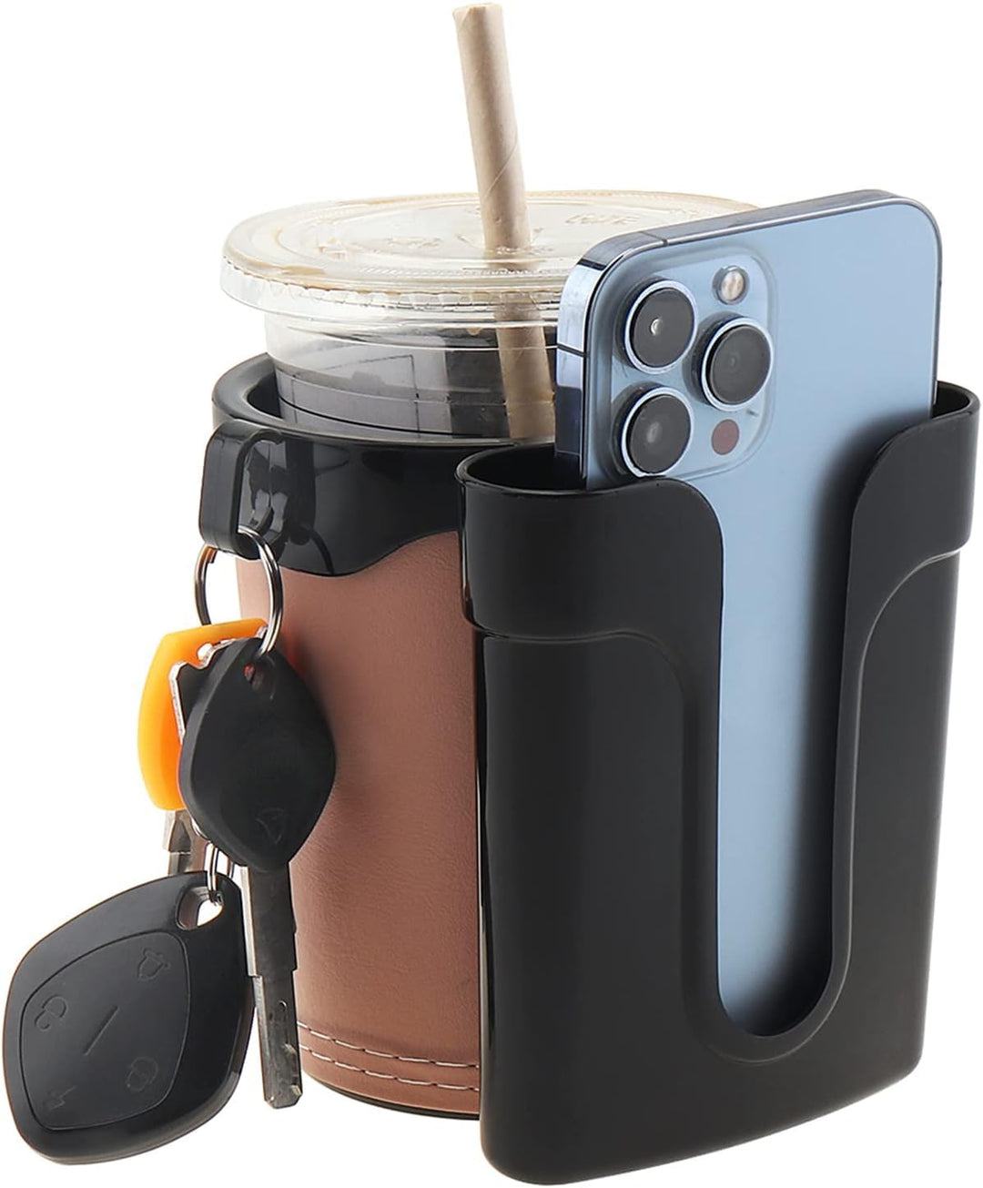 Black cup holder with a phone, coffee cup, and keys on a white background