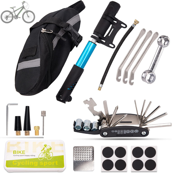 Bicycle repair kit with tools and accessories on a white background