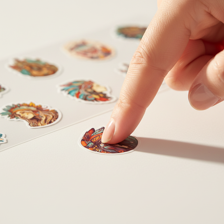 Finger applying boho sticker close-up