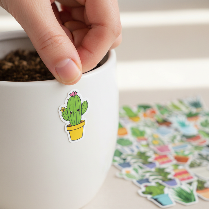 Finger applying cactus sticker close-up