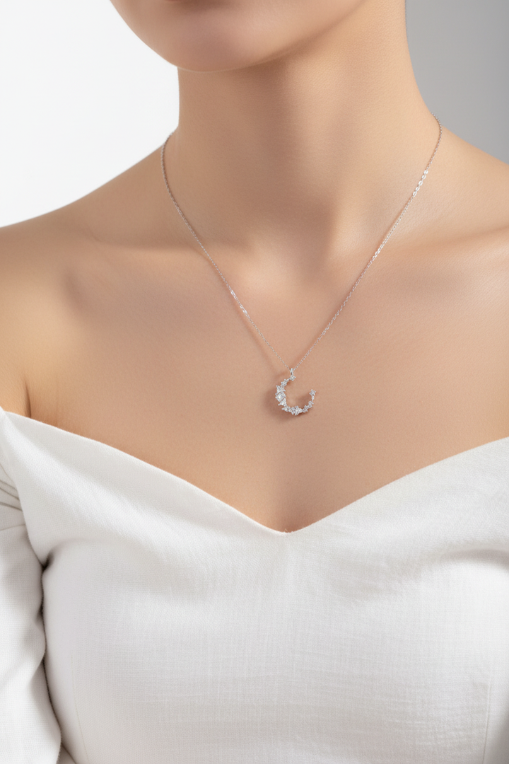 Moon Crescent Necklace S925 Silver | Irregular Diamond Pendant