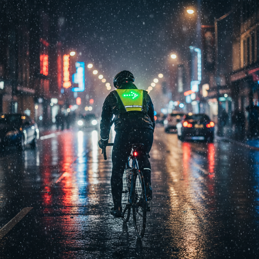雨夜街道湿滑路面右转指示灯场景