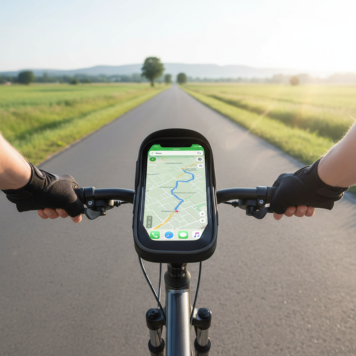 sun-visor-bike-bag - rider hands on handlebars with centered phone