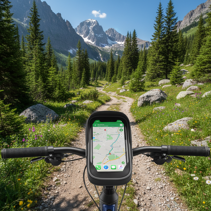 handlebar-phone-mount - side-rear cockpit view on forest trail