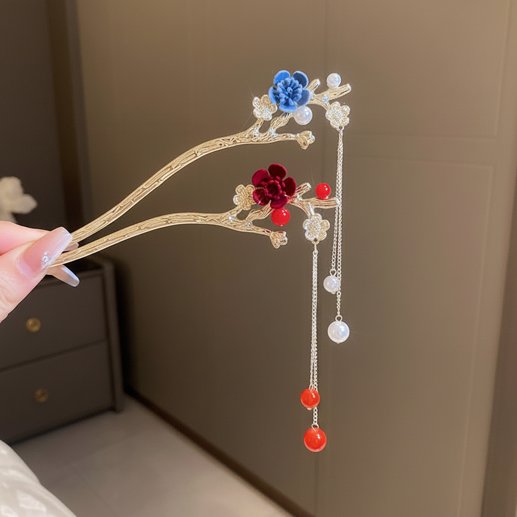 Hairpin - Blue and Red Flower U-Shape