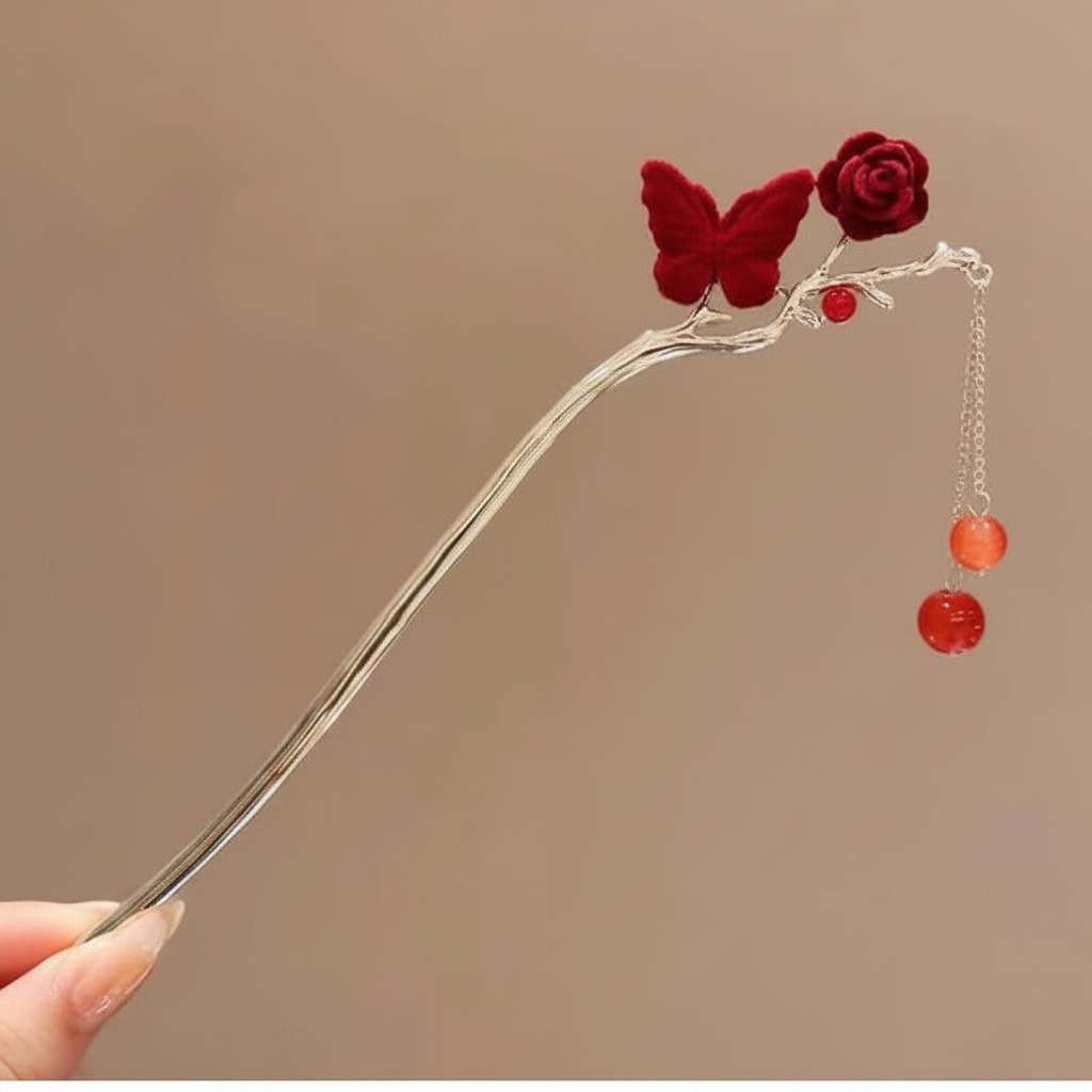 Hairpin - Red Butterfly Rose