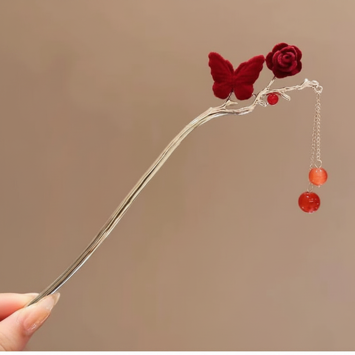 Hairpin - Red Butterfly Rose
