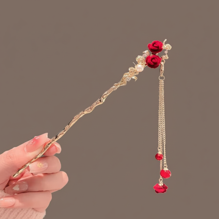 Hairpin - Red Rose with Gold Chain Tassel