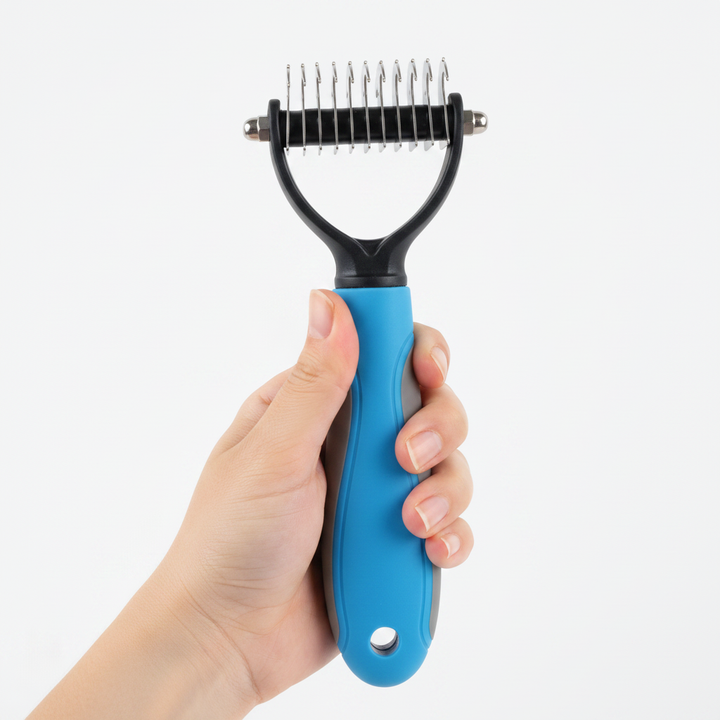 Hand holding dematting comb product shot