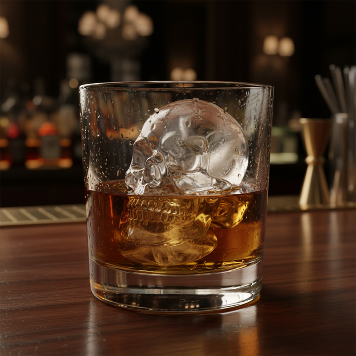 Crystal-clear skull-shaped ice cube melting in amber whiskey glass on dark bar counter