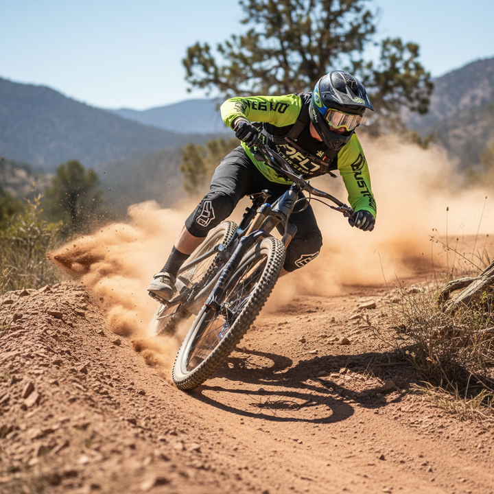 inner-tube-carrier - enduro mountain biker riding trail with no backpack