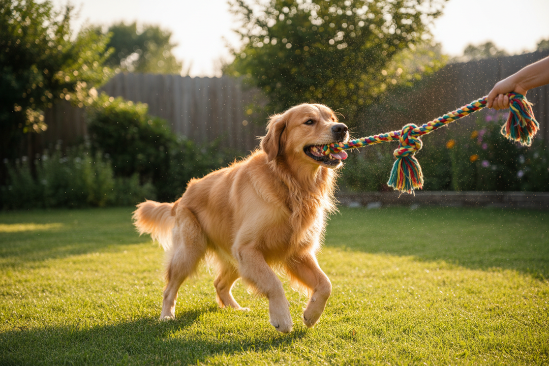 Cotton rope dog toy colorful knotted design - golden retriever playing tug-of-war outdoors