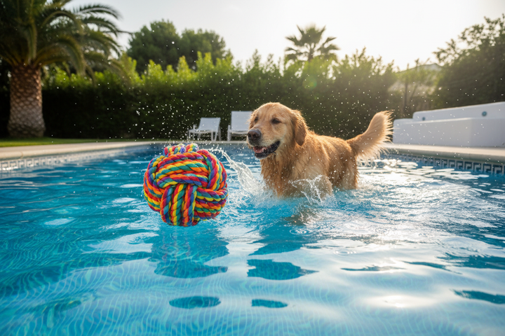 Dog splashing in pool with cotton rope ball toy - summer outdoor play