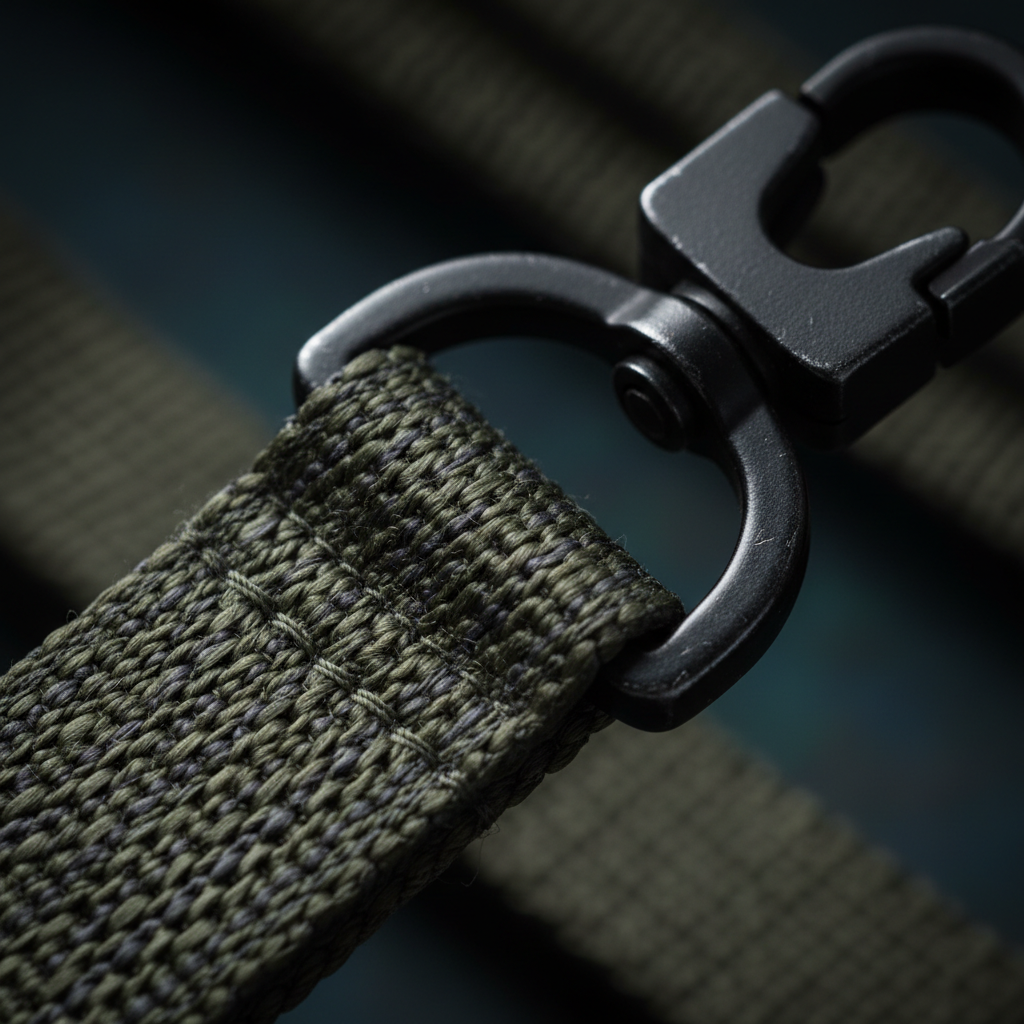 Tactical woven nylon D-ring hardware macro close-up detail