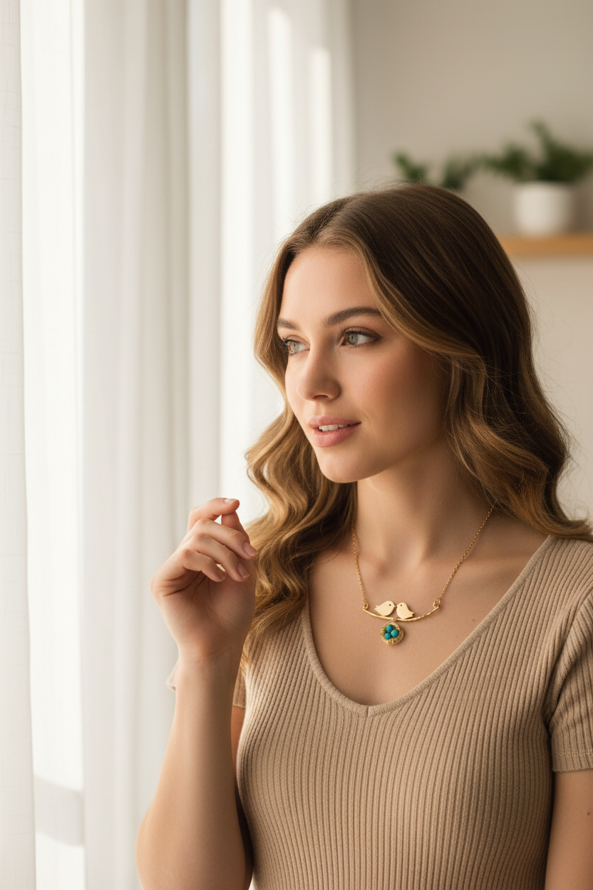 Woman in beige knit top touching gold love birds necklace with turquoise nest pendant, half-body lifestyle shot