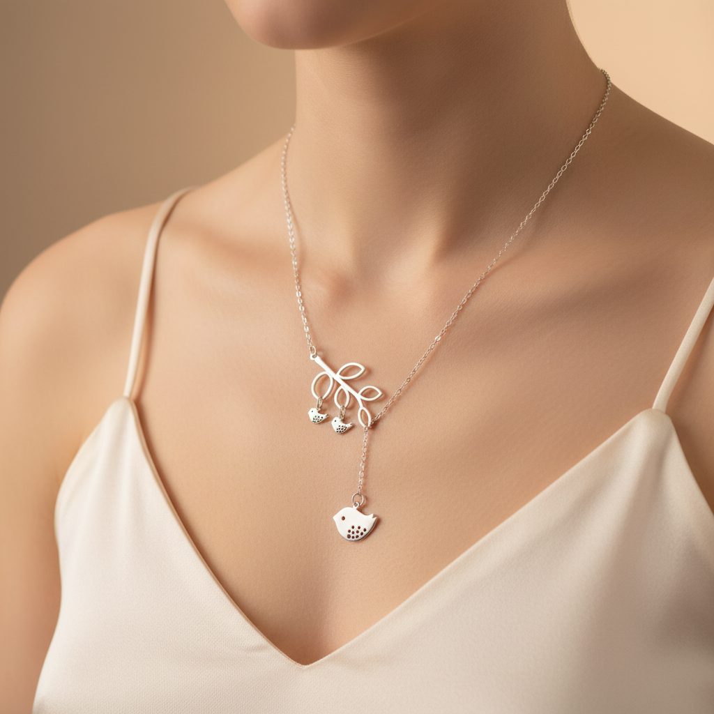 Extreme close-up of silver birds on branch lariat necklace on collarbone, pendant macro detail