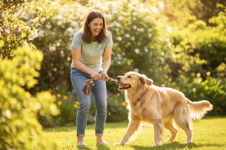 Dog owner playing tug-of-war with fluffy dog using cotton rope toy in sunny garden