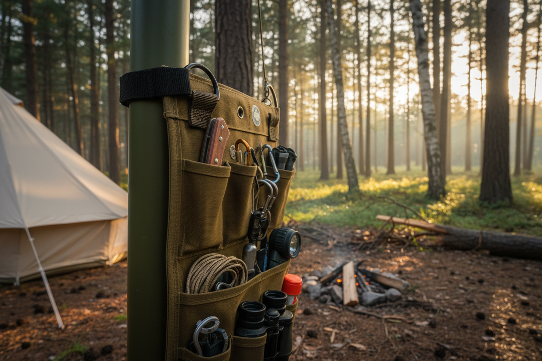 MOLLE D-ring strap on campsite tent pole organizer in forest