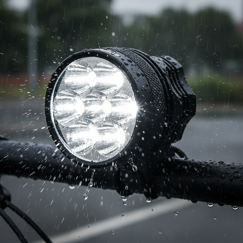 waterproof-bike-light - ipx5 water resistant test on handlebars in rain