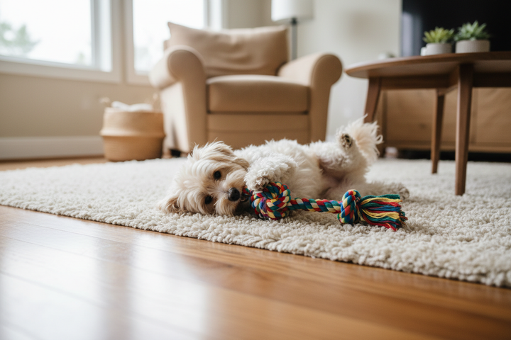 Small dog playing with cotton rope toy on cozy living room floor