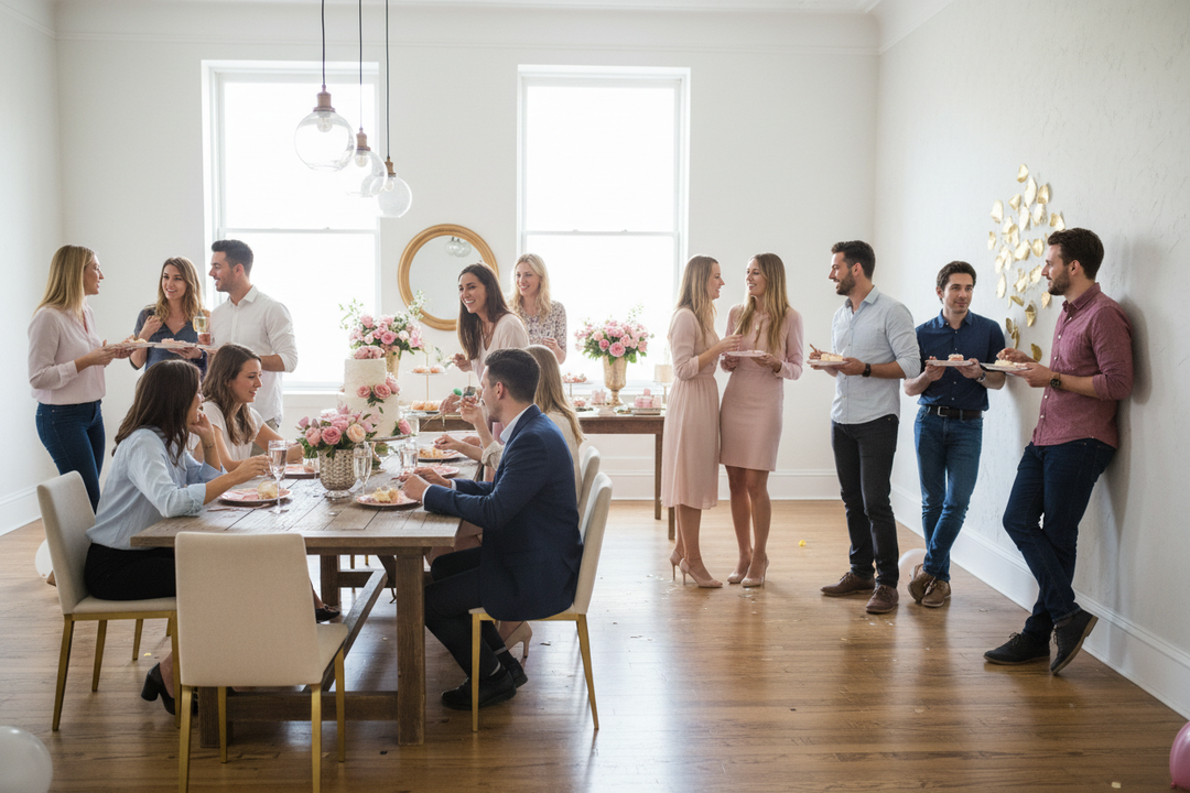 Candid indoor birthday party with guests naturally scattered, holding rose gold Happy Birthday paper plates with copper metallic script