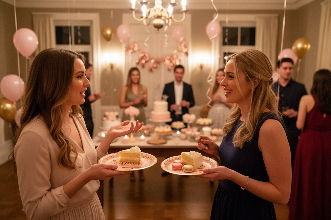 Wide shot indoor birthday party with guests naturally dispersed in foreground and background, rose gold Happy Birthday paper plates with copper script and polka dot border