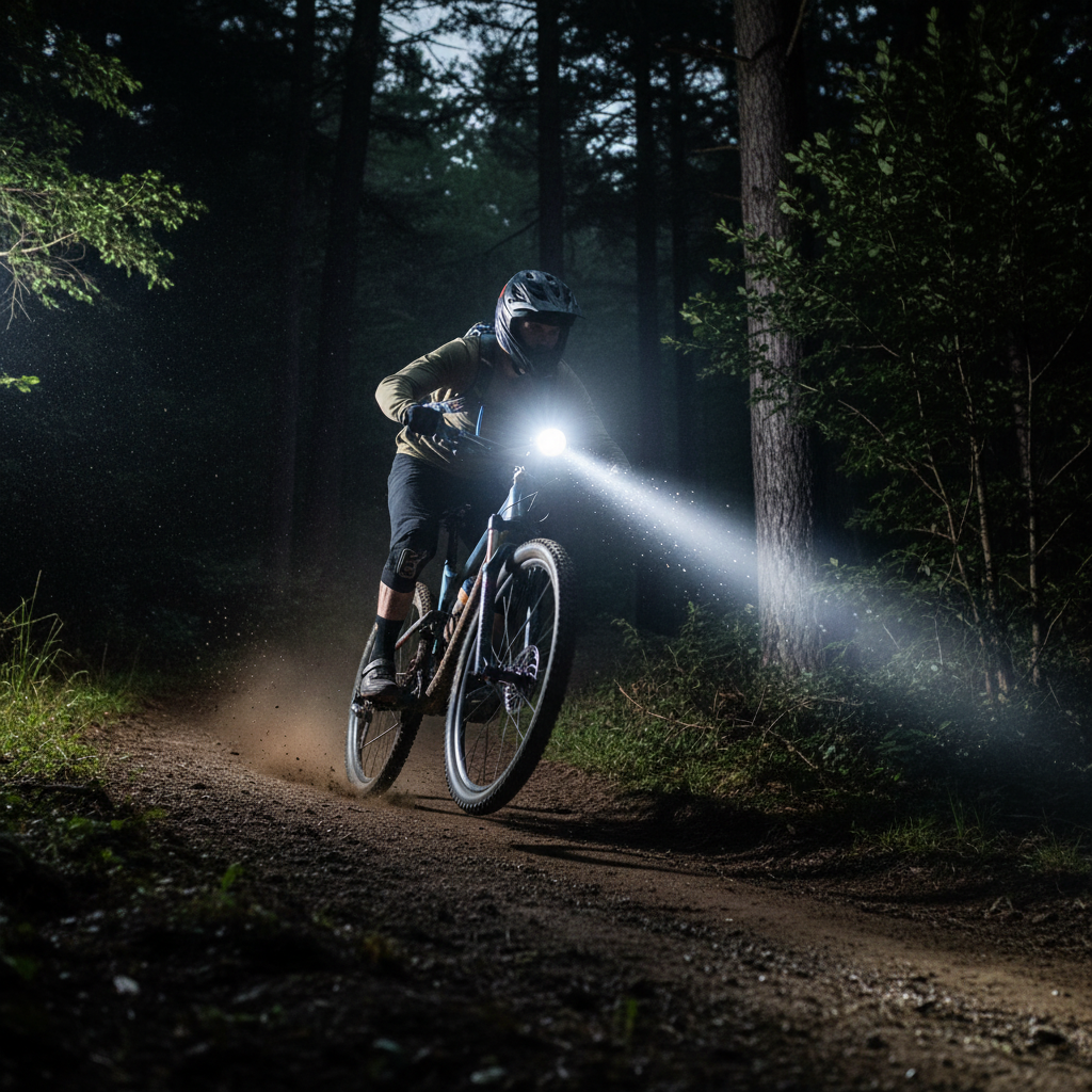 bike-headlight - ultra bright beam cutting through dark night trail