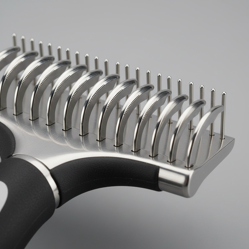 Double-sided dematting comb blade and pin detail close-up - gray background