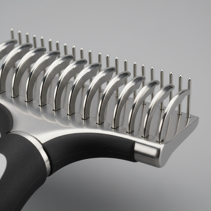 Double-sided dematting comb blade and pin detail close-up - gray background