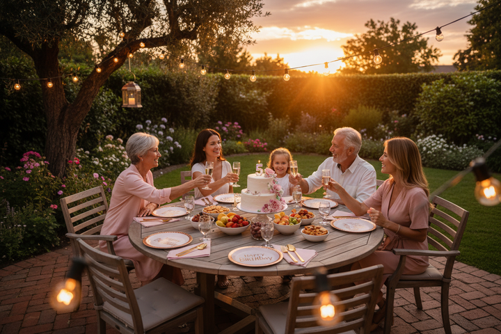 Family of five outdoor sunset birthday party with rose gold Happy Birthday paper plates and string lights