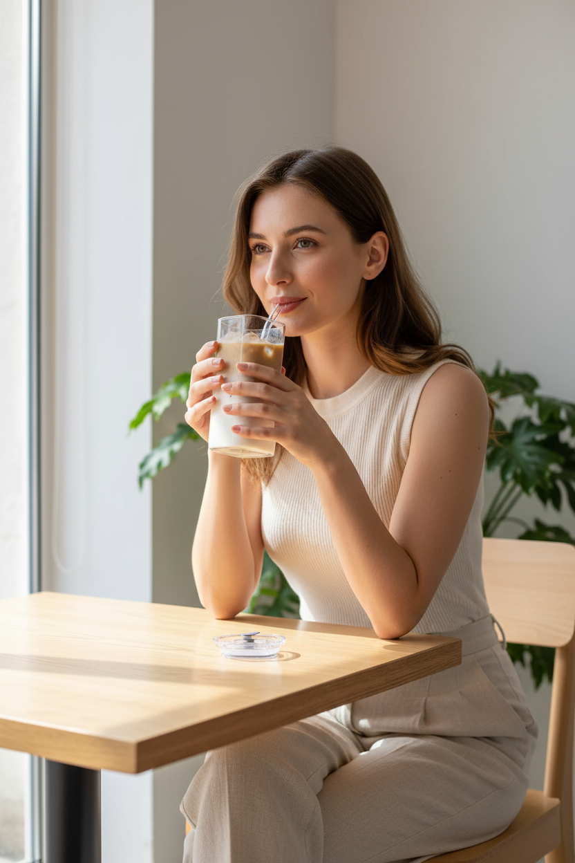 Young Caucasian woman at cafe holding Cube Coffee Mug with iced latte and glass straw — square transparent glass minimalist design