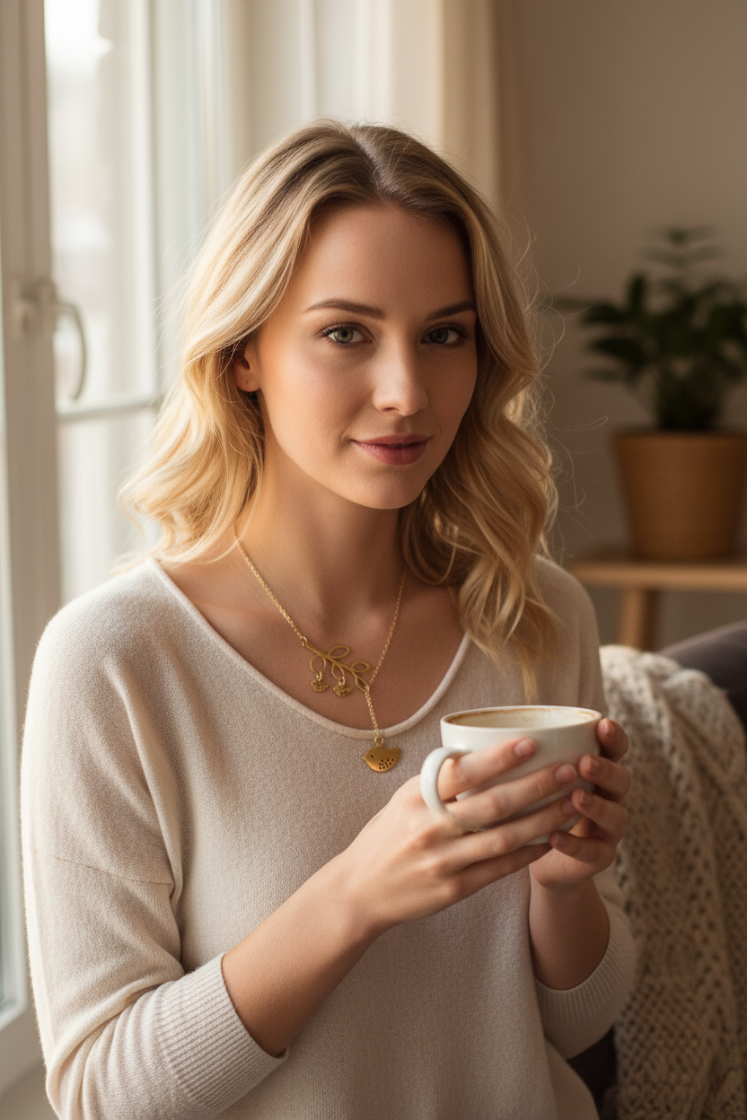 Young blonde woman wearing gold birds on branch necklace by morning window with coffee, lifestyle shot