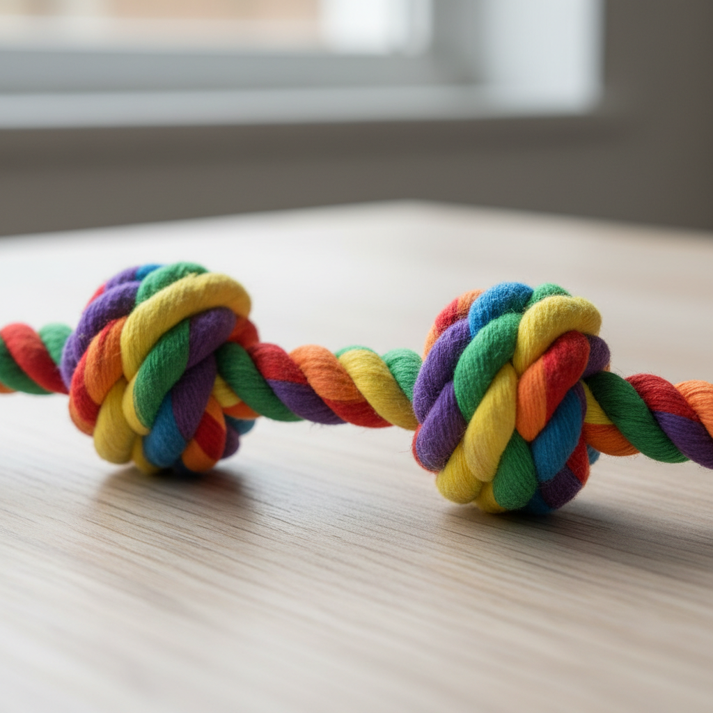 Cotton rope dog toy close-up braided fiber texture - multicolor on wooden table