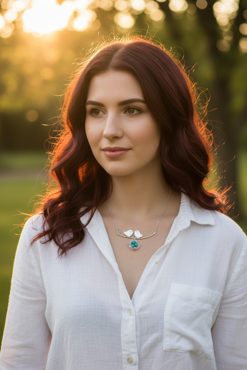 Young woman in white shirt wearing silver love birds necklace, outdoor garden golden hour lifestyle shot