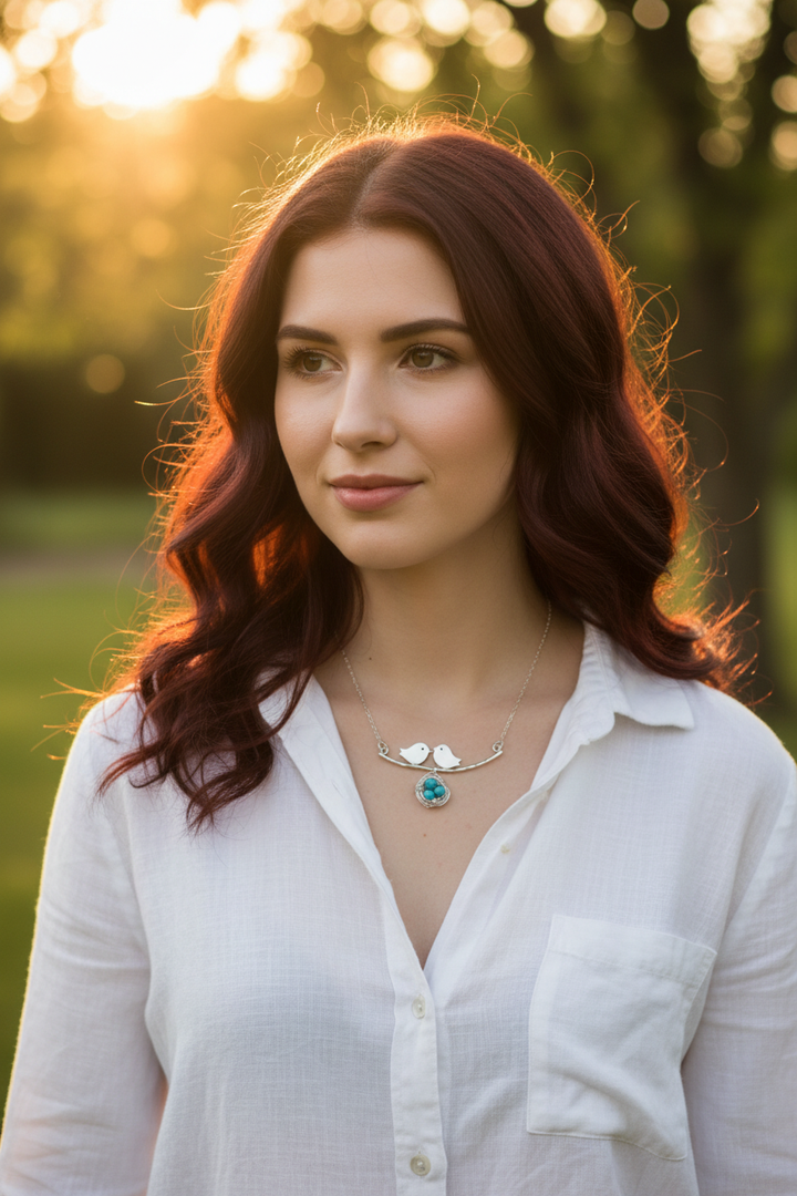 Young woman in white shirt wearing silver love birds necklace, outdoor garden golden hour lifestyle shot