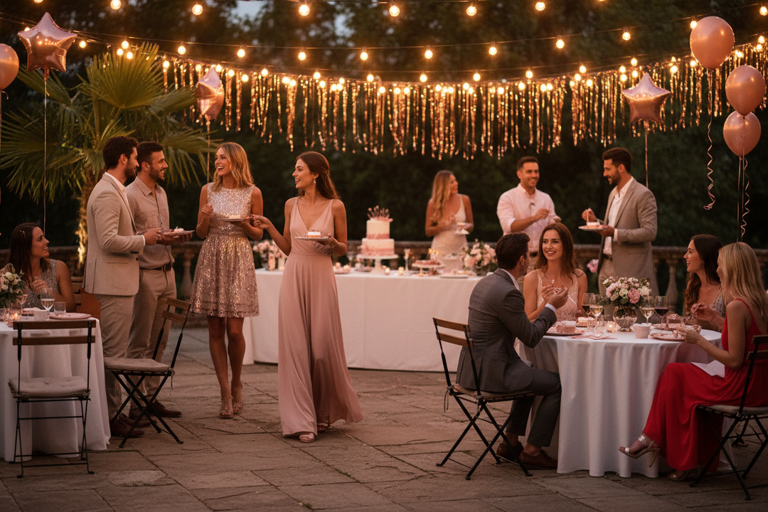 Evening outdoor birthday party under warm string lights with guests freely scattered holding rose gold copper Happy Birthday paper plates with desserts