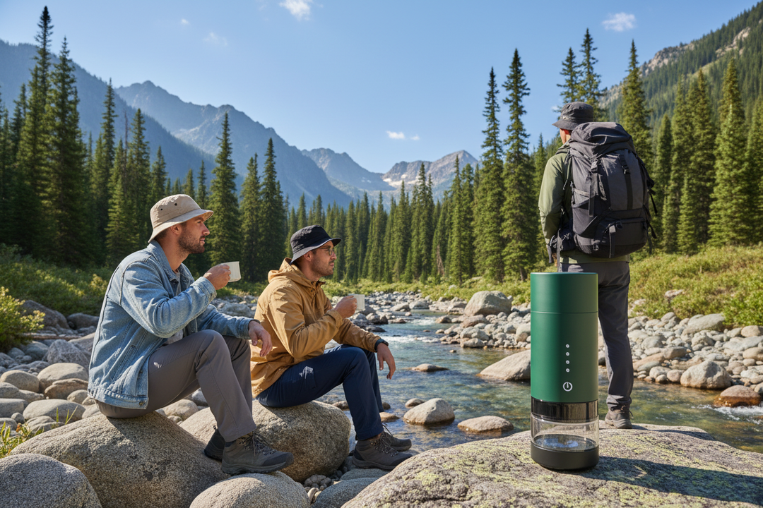 Three hikers resting by mountain stream with coffee cups, jungle green portable electric coffee maker on rock