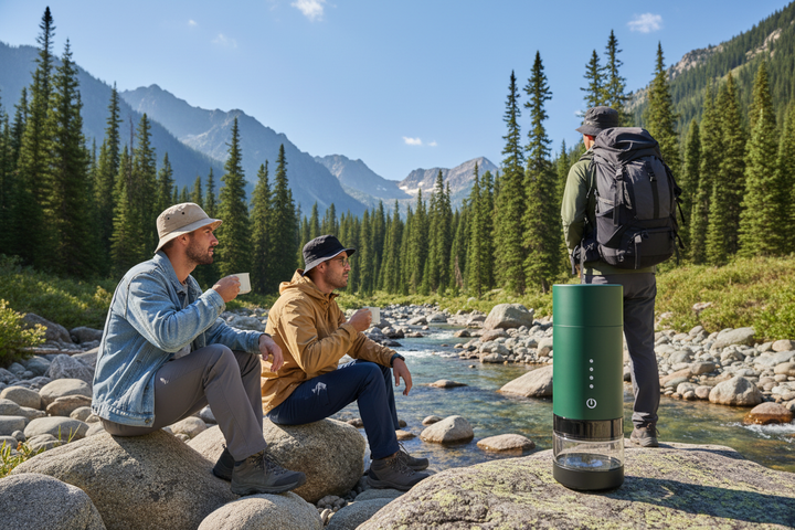 Three hikers resting by mountain stream with coffee cups, jungle green portable electric coffee maker on rock
