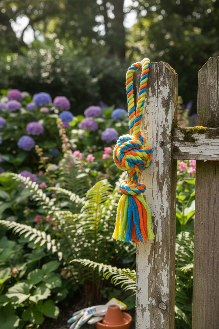 Colorful cotton rope dog toy hanging on rustic wooden fence with green garden background